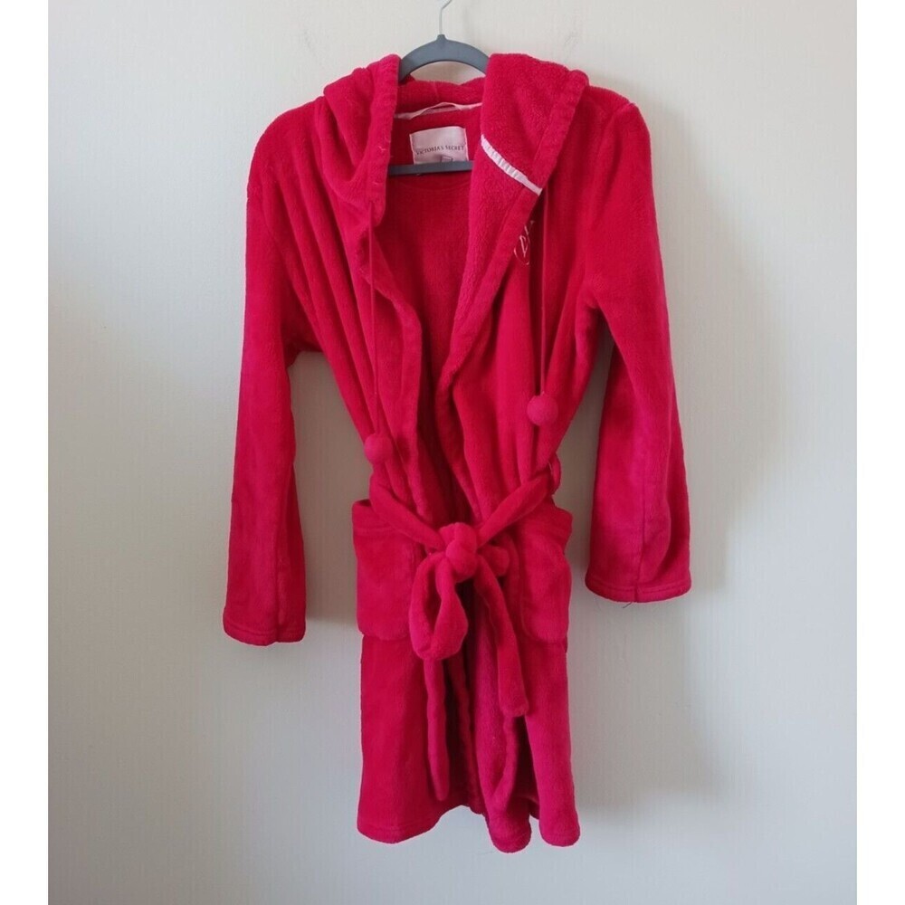 Victoria’s Secret Womens Hooded Plush Robe Pink Logo Tie Belt Size‎ XS
